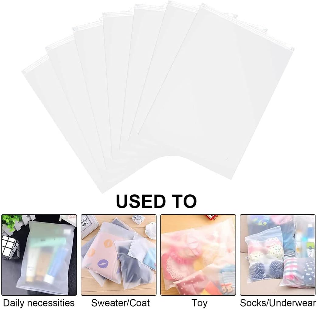 Travel organizer bags: 40-pack matte zip storage for clothes, shoes & accessories. Frosted, vented, reusable.