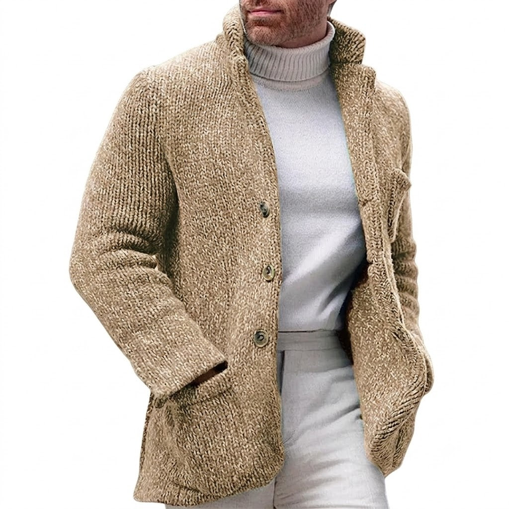 Men's Chunky Knit Cardigan with Stand-Up Collar