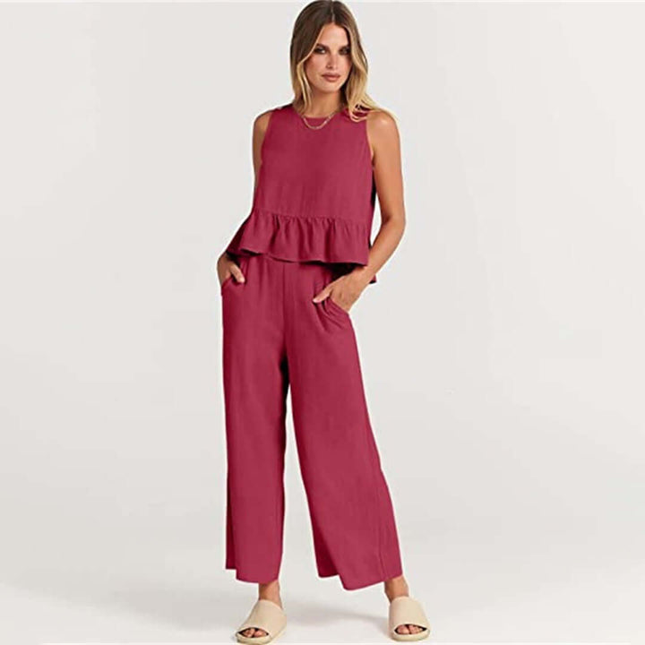 Women's Ruffled Sleeveless Top & Wide-Leg Pants Set