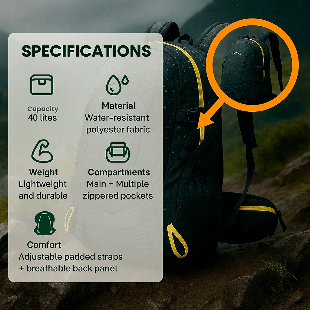 "40L waterproof hiking backpack with multiple compartments, adjustable straps, and durable design for outdoor adventures."
