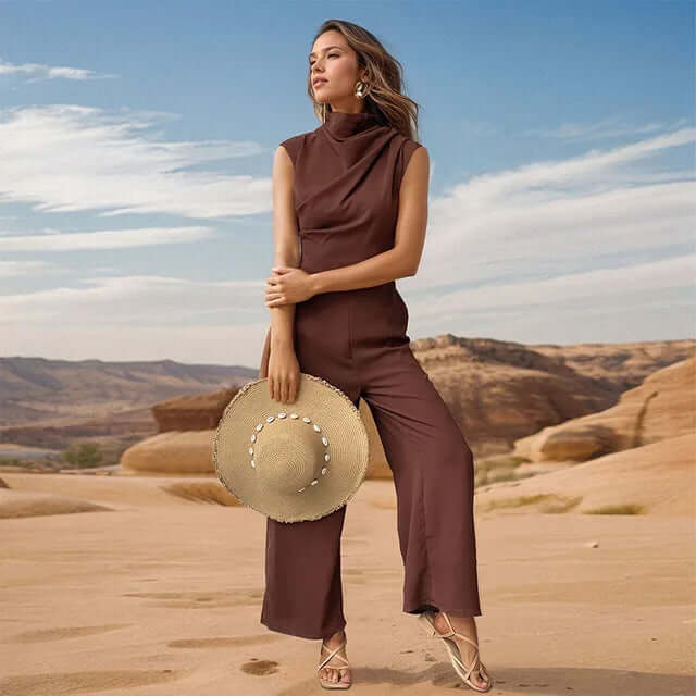 Women's Sleeveless High Collar Top and Wide-Leg Pants Set
