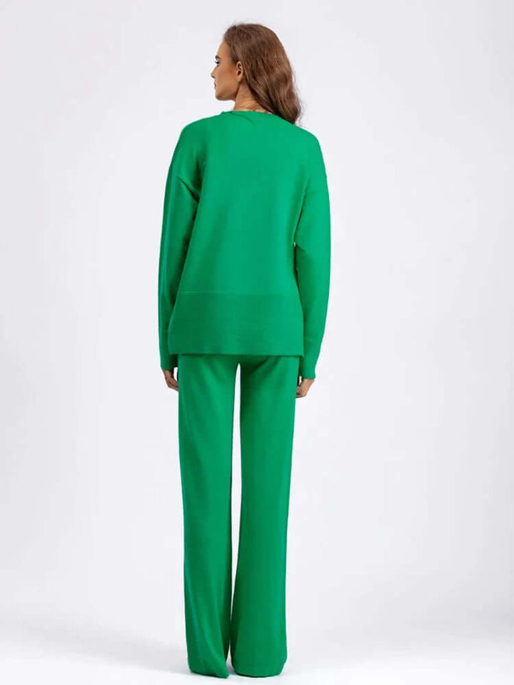 Women's V-Neck Sweater and Wide-Leg Trousers Set