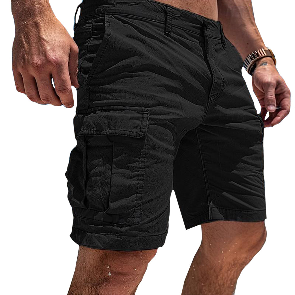 Men's comfortable black utility cargo shorts, a versatile choice for everyday summer adventures.