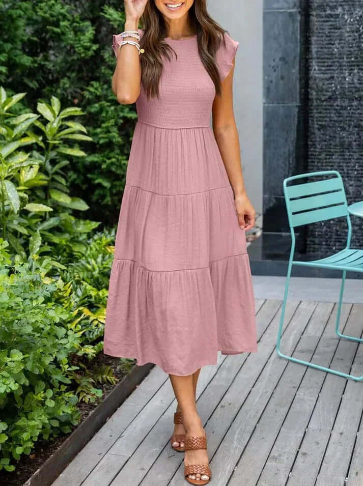 Women's Pleated Midi Dress with Flying Sleeves