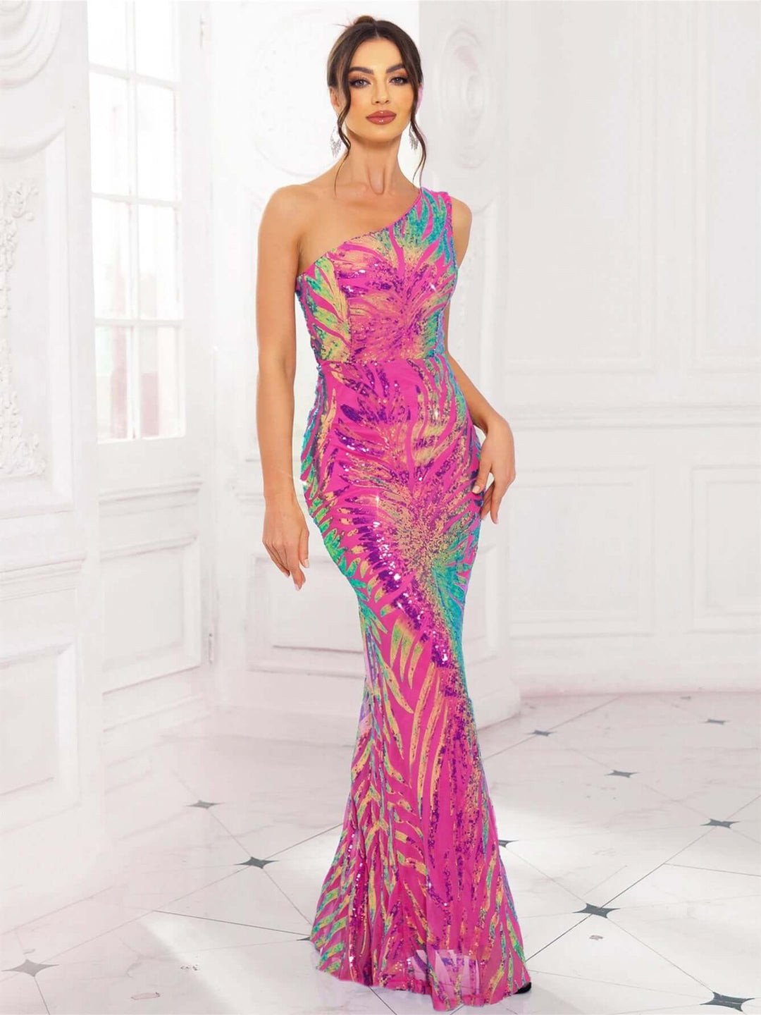 Sequin One-Shoulder Mermaid Evening Gown
