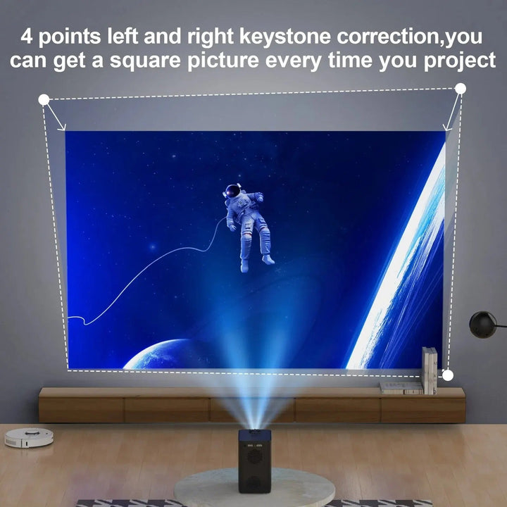 4K Smart Android Projector with WiFi, showcasing compact design, HDMI ports, and lens for cinematic quality visuals.