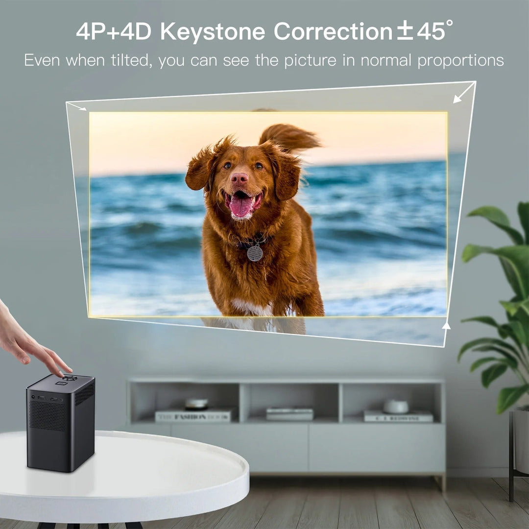 4K Smart Android Projector with WiFi, showcasing compact design, HDMI ports, and lens for cinematic quality visuals.