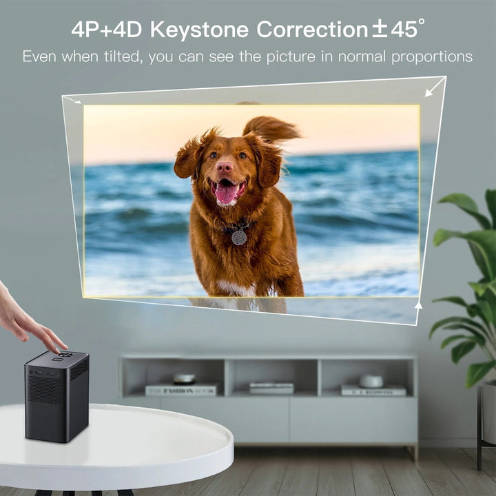 4K Smart Android Projector with WiFi, showcasing compact design, HDMI ports, and lens for cinematic quality visuals.