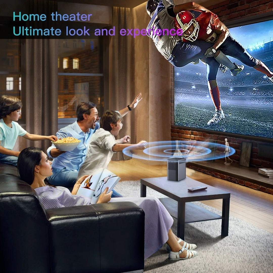 4K Smart Android Projector with WiFi, showcasing compact design, HDMI ports, and lens for cinematic quality visuals.