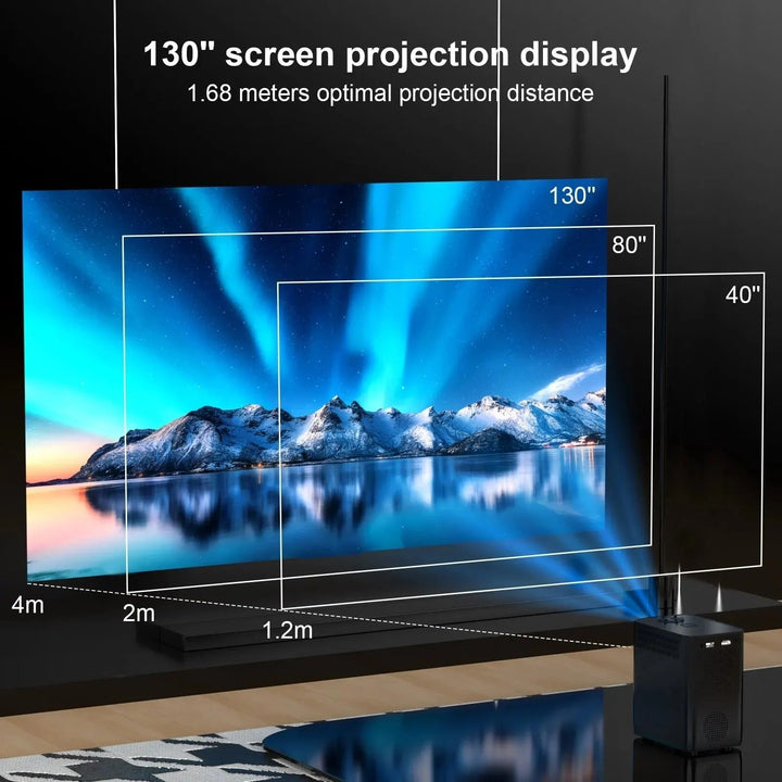 4K Smart Android Projector with WiFi, showcasing compact design, HDMI ports, and lens for cinematic quality visuals.