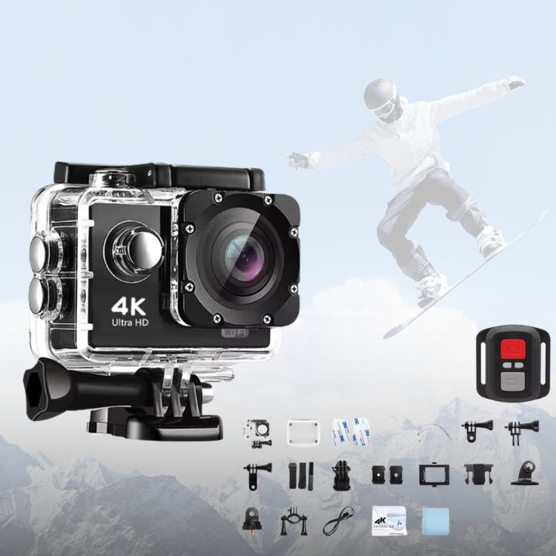 "4K Ultra HD sport camera, waterproof, WiFi enabled; captures panoramic action shots with 140° wide-angle lens."