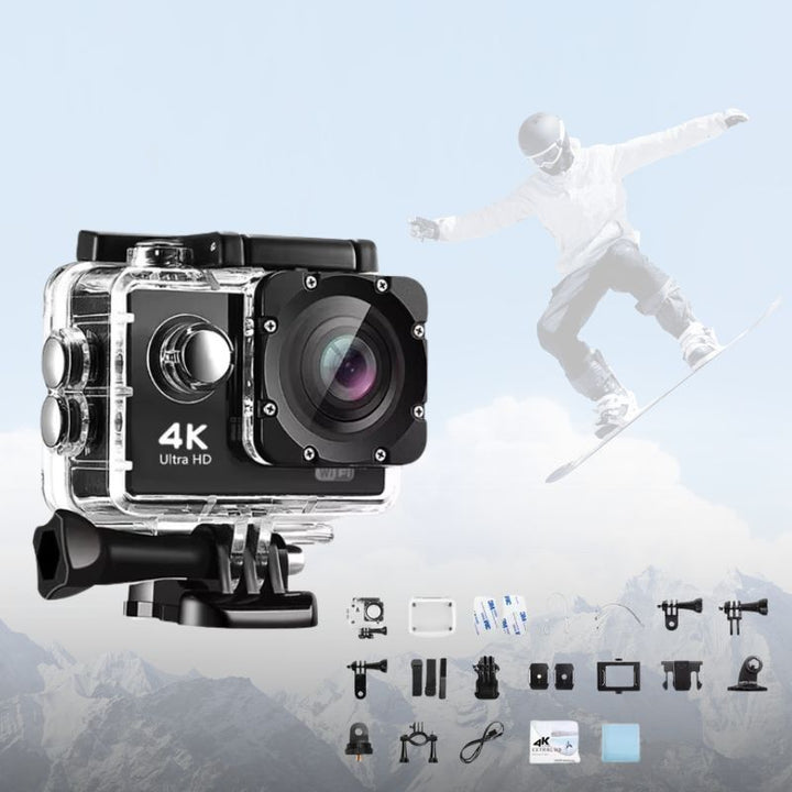 "4K Ultra HD sport camera, waterproof, WiFi enabled; captures panoramic action shots with 140° wide-angle lens."