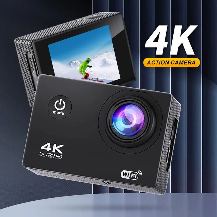 "4K Ultra HD sport camera, waterproof, WiFi enabled; captures panoramic action shots with 140° wide-angle lens."
