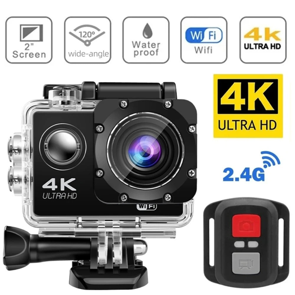 "4K Ultra HD sport camera, waterproof, WiFi enabled; captures panoramic action shots with 140° wide-angle lens."