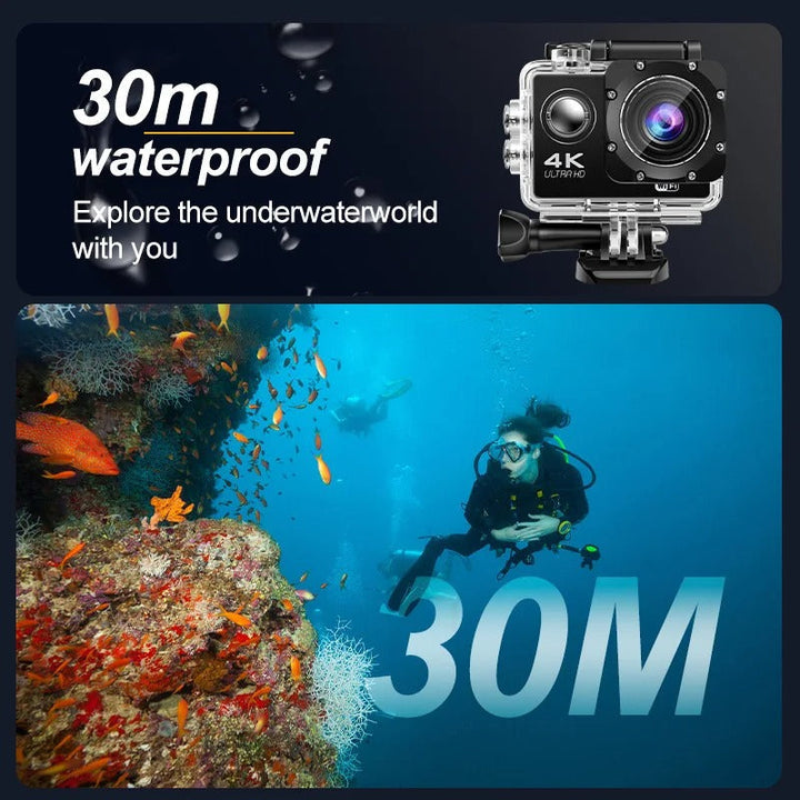 "4K Ultra HD sport camera, waterproof, WiFi enabled; captures panoramic action shots with 140° wide-angle lens."