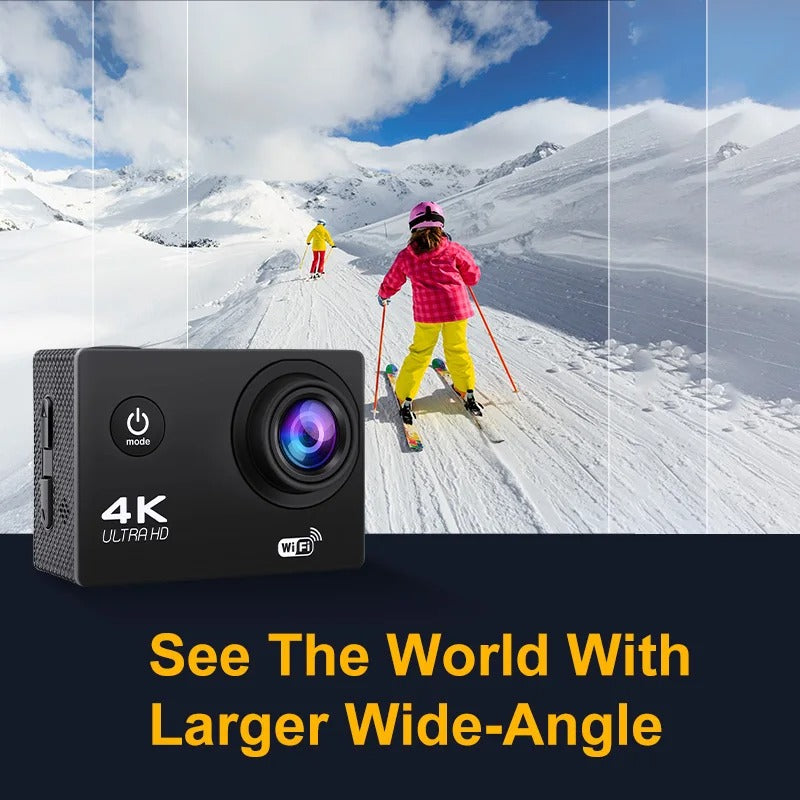 "4K Ultra HD sport camera, waterproof, WiFi enabled; captures panoramic action shots with 140° wide-angle lens."
