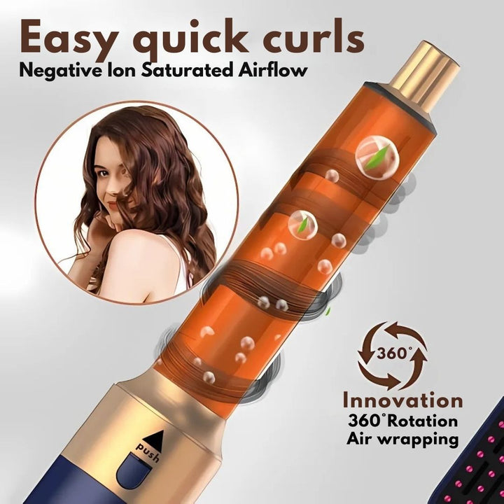 "5-in-1 hair styler with air tech, five attachments, sleek silver design for curling, drying, smoothing, volumizing."
