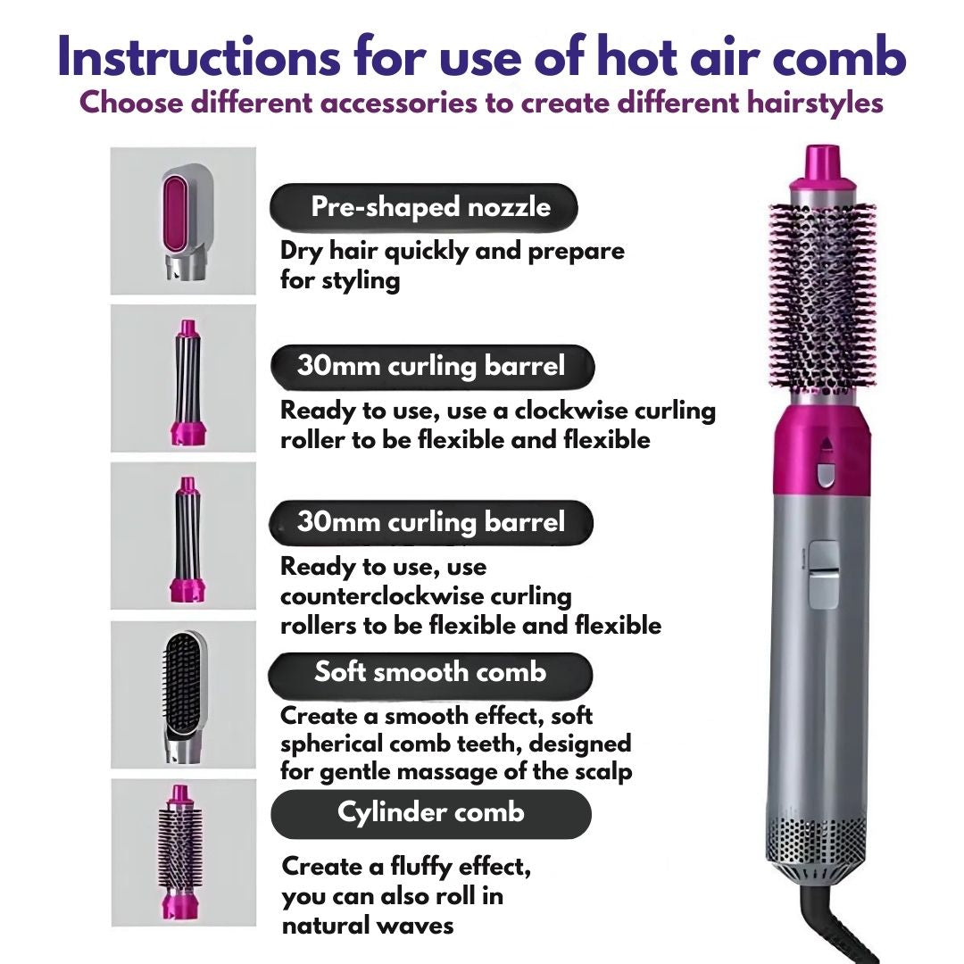 "5-in-1 hair styler with air tech, five attachments, sleek silver design for curling, drying, smoothing, volumizing."