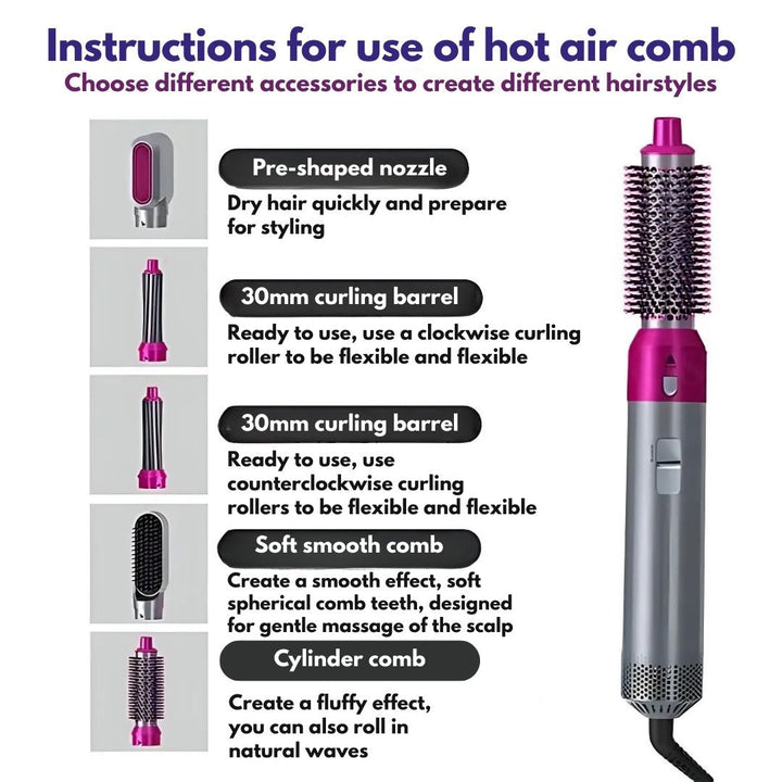 "5-in-1 hair styler with air tech, five attachments, sleek silver design for curling, drying, smoothing, volumizing."