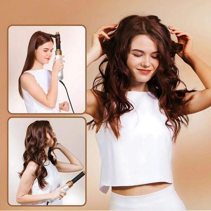 "5-in-1 hair styler with air tech, five attachments, sleek silver design for curling, drying, smoothing, volumizing."