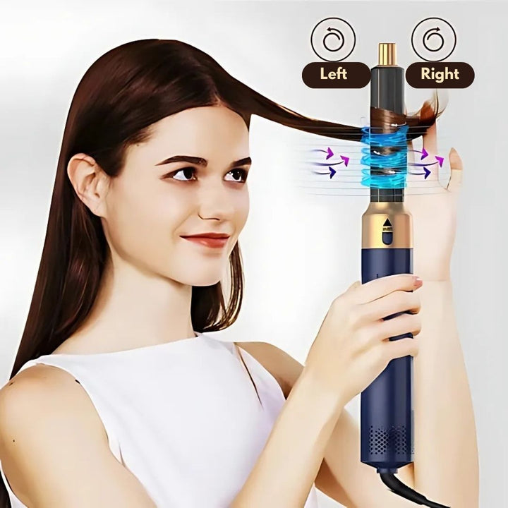 "5-in-1 hair styler with air tech, five attachments, sleek silver design for curling, drying, smoothing, volumizing."