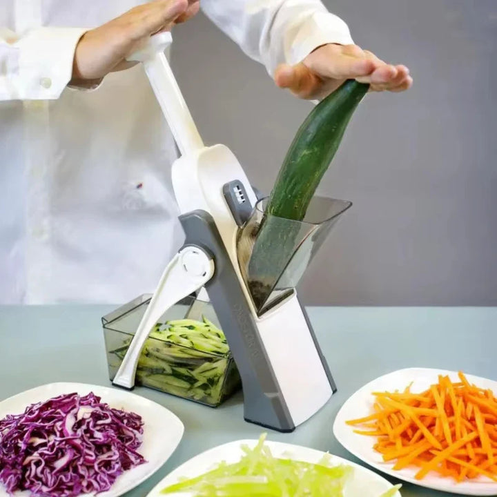 "5-in-1 vegetable slicer with interchangeable blades, non-slip base, and hand guard, shown in multiple color options."