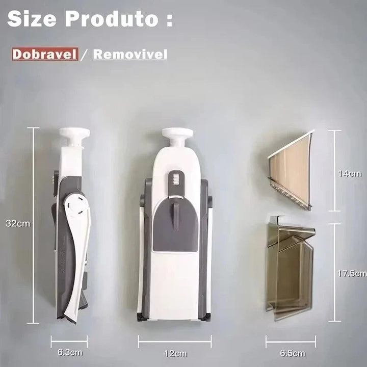 "5-in-1 vegetable slicer with interchangeable blades, non-slip base, and hand guard, shown in multiple color options."