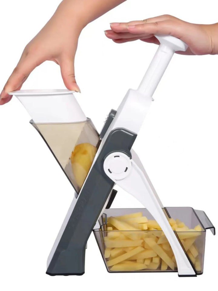 "5-in-1 vegetable slicer with interchangeable blades, non-slip base, and hand guard, shown in multiple color options."