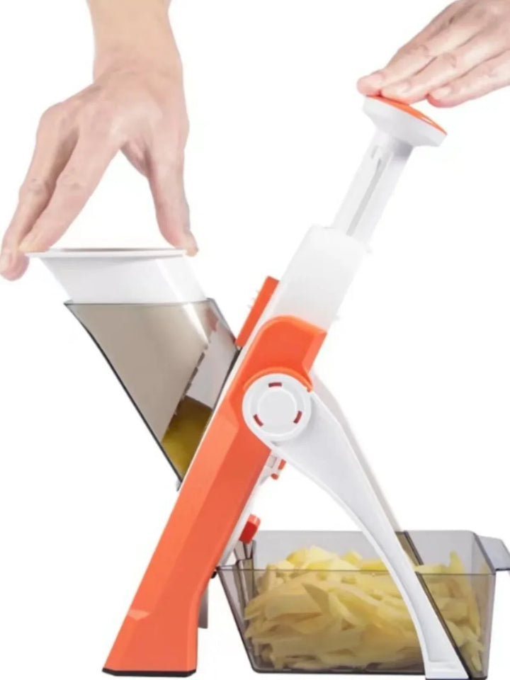 "5-in-1 vegetable slicer with interchangeable blades, non-slip base, and hand guard, shown in multiple color options."