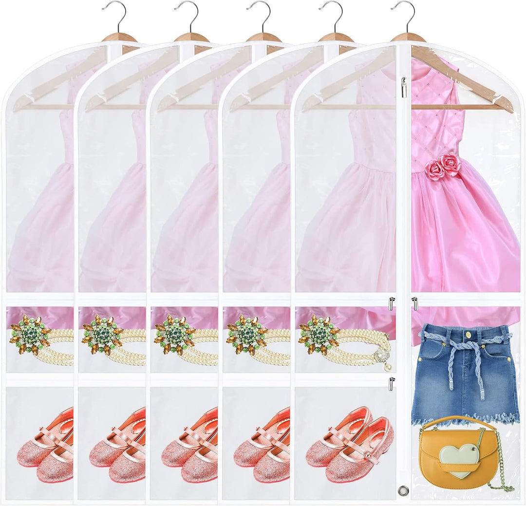 5-pack foldable dance garment bags. Clear, protective storage for costumes, suits & dresses. Ideal for travel & organization.