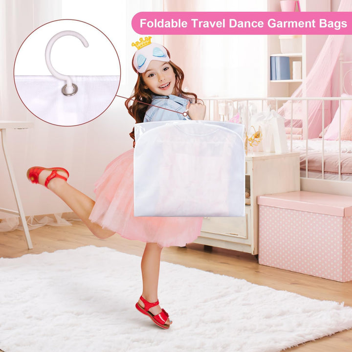 Convenient 5-pack foldable dance garment bags with pockets. Protect costumes, suits, & dresses for organized travel.