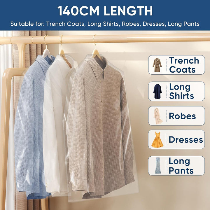 Transparent plastic clothes covers, dust-proof protection for garments, perfect for home organization.