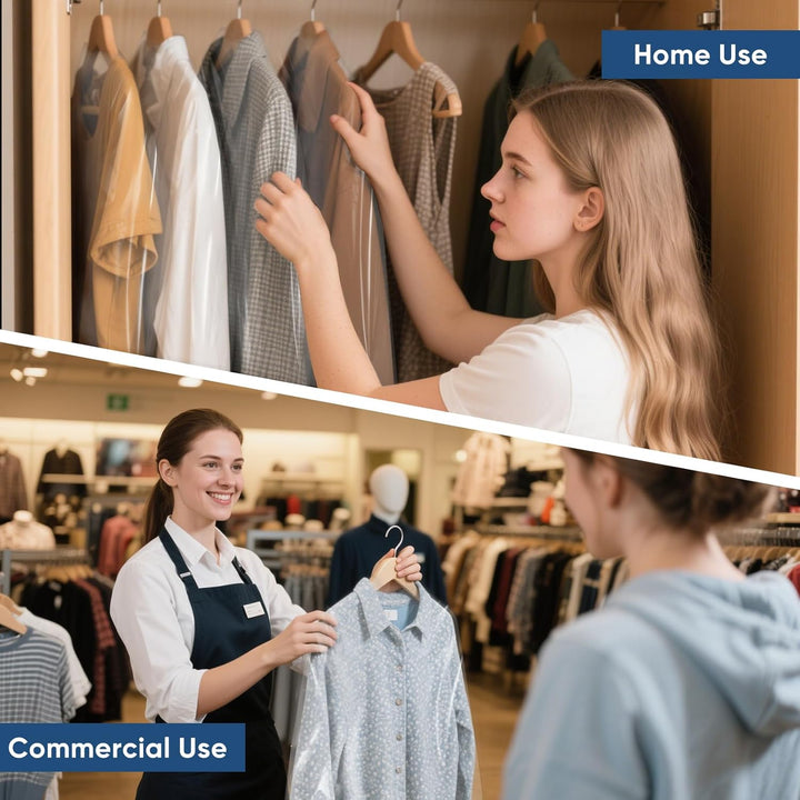 Durable clear garment bag set (50-pack) to protect clothes from dust & damage during storage.