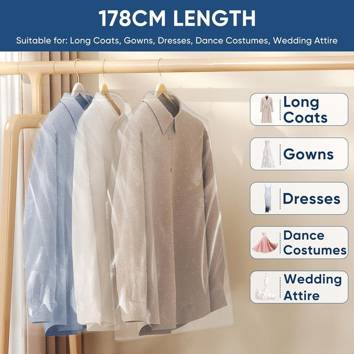 Clear plastic dust covers for clothing, 50-pack garment bags for ultimate wardrobe protection.