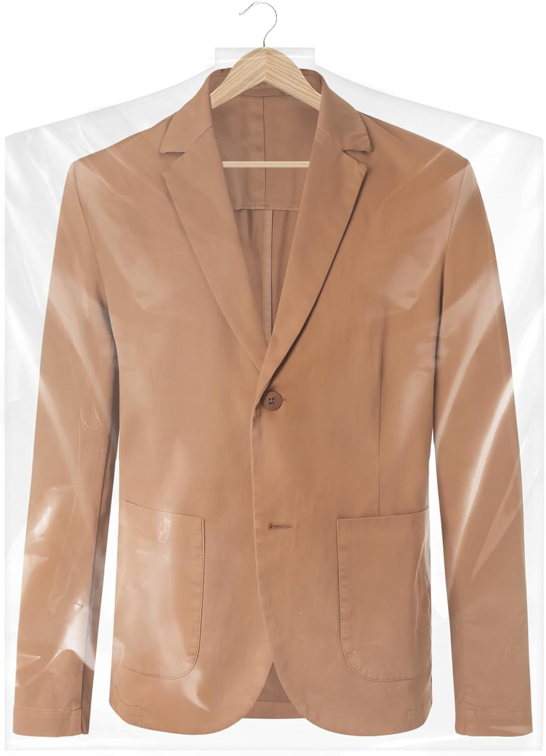 Travel-ready clear garment bag set, 50 protective covers for suits, dresses, & other apparel.