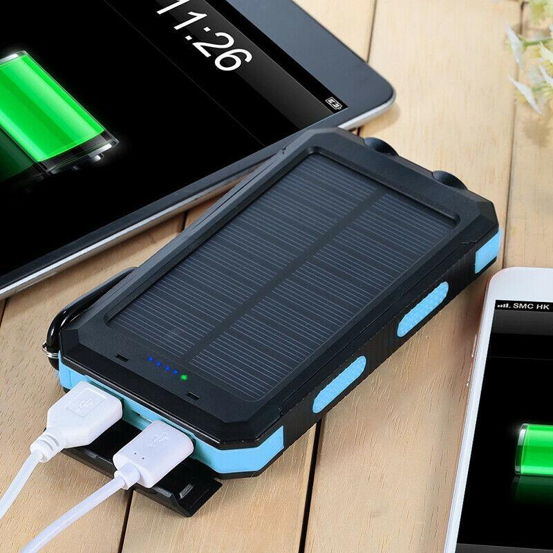 "500000mAh waterproof solar charger power bank, black and blue, dual USB, portable, ideal for outdoor adventures."