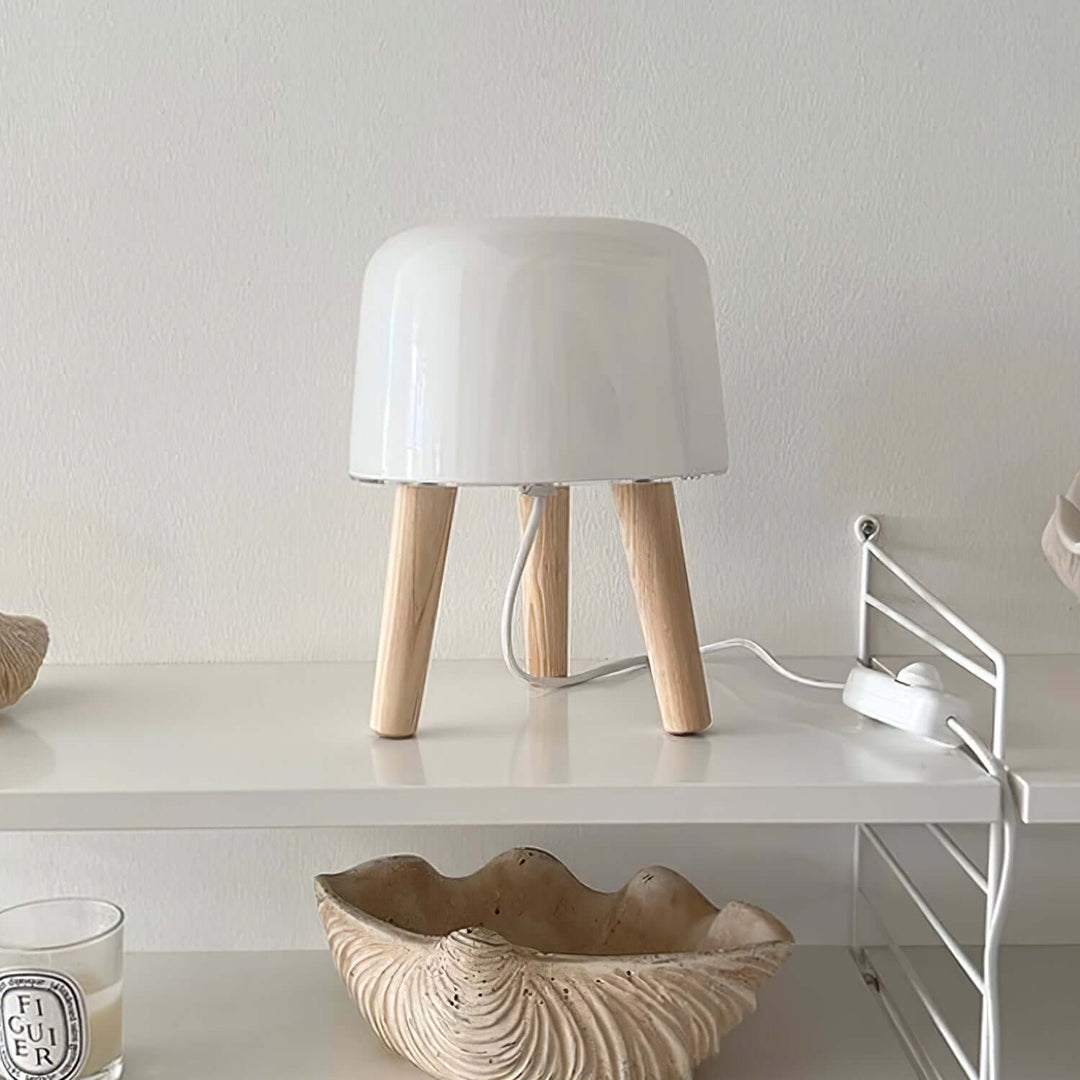Wooden Tripod Table Lamp with Glass Shade
