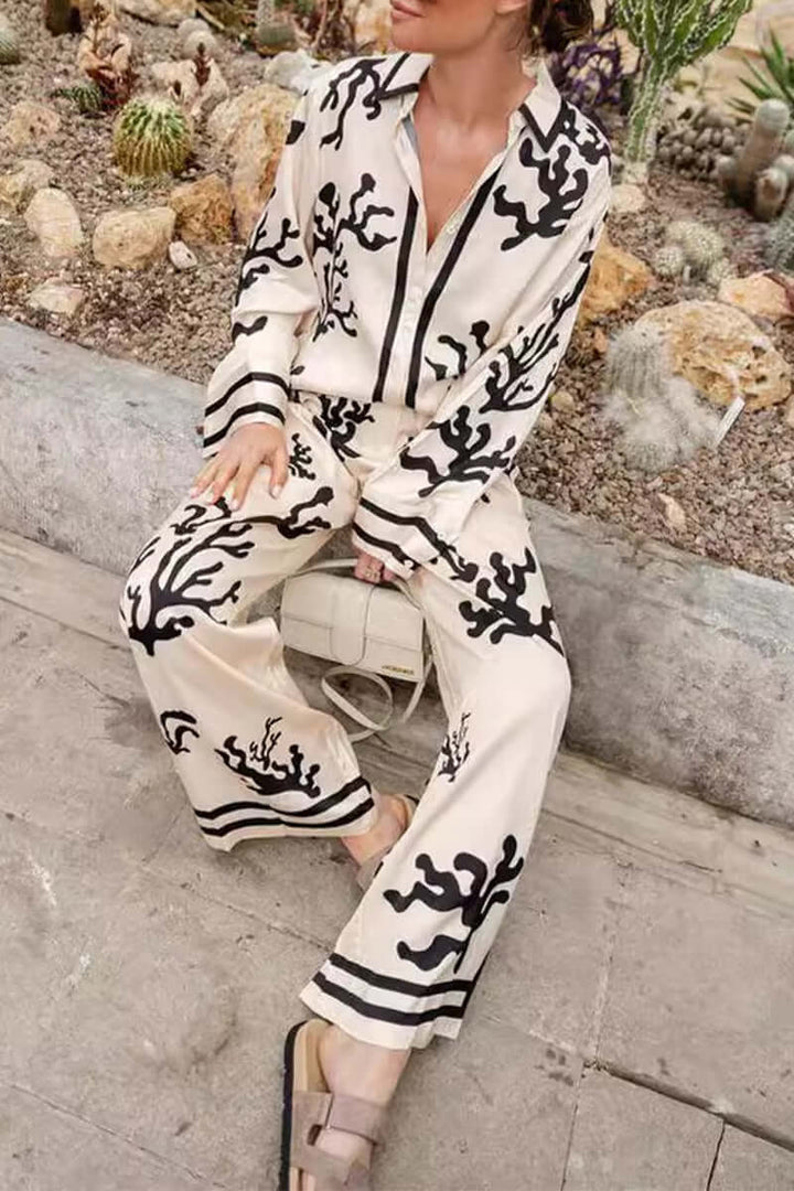 Geometric Print Long Sleeve Top & wide-leg pants