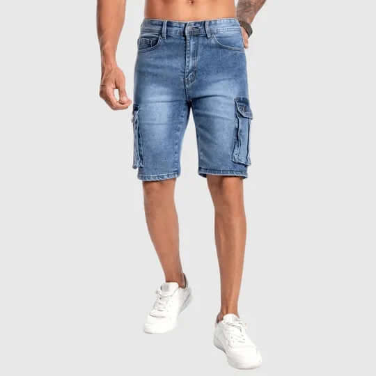 Men's Mid-Length Denim Cargo Shorts with Multiple Pockets