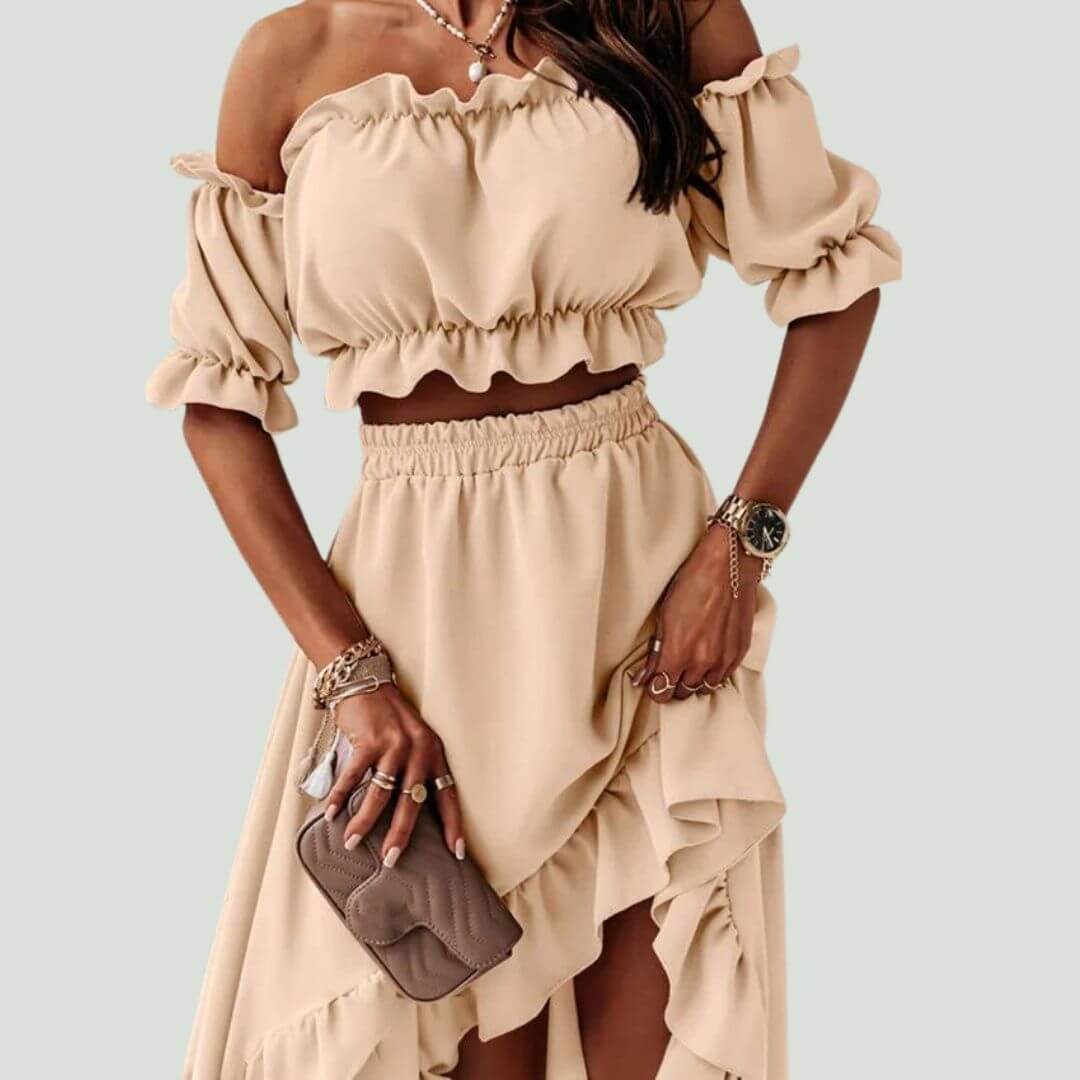 Women's Off-Shoulder Frill Crop Top & High-Low Skirt Set