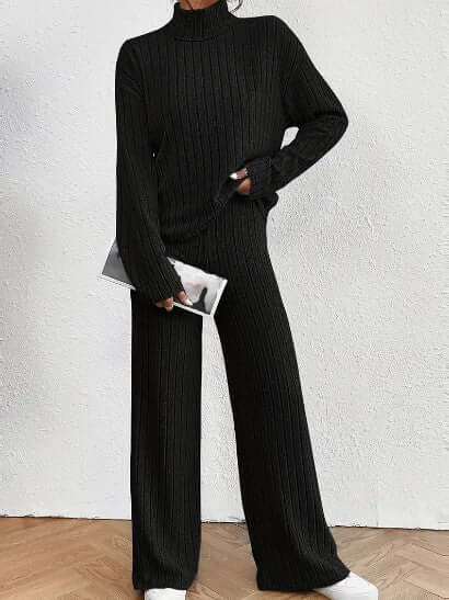 Women's Ribbed Turtleneck and Wide-Leg Pants Set