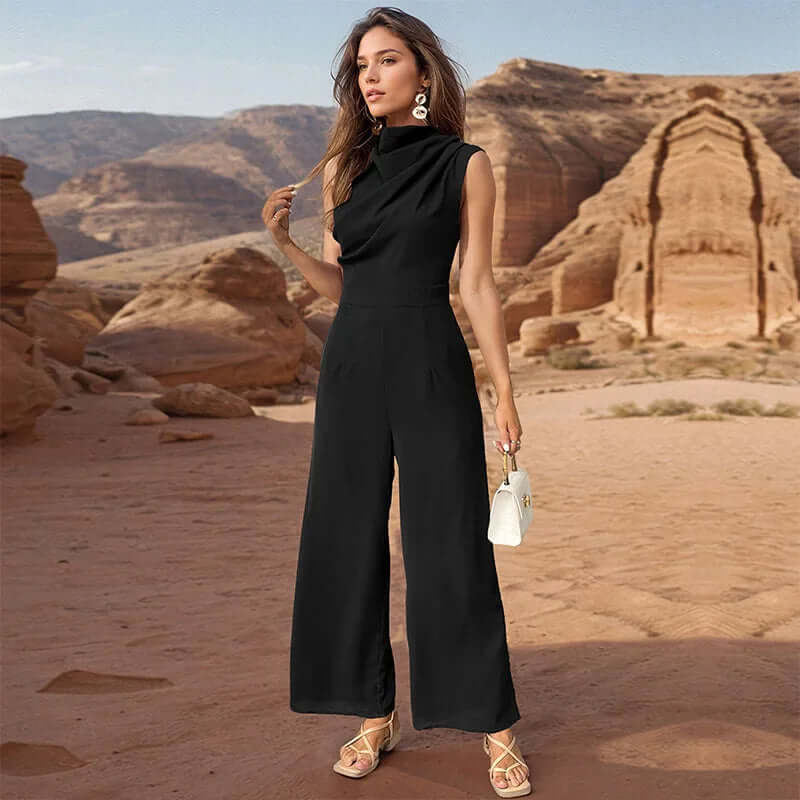 Women's Sleeveless High Collar Top and Wide-Leg Pants Set