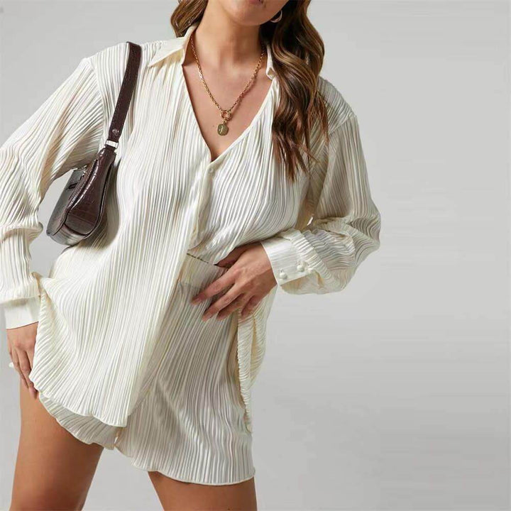 Women's Pleated Loose Shirt & Shorts Set