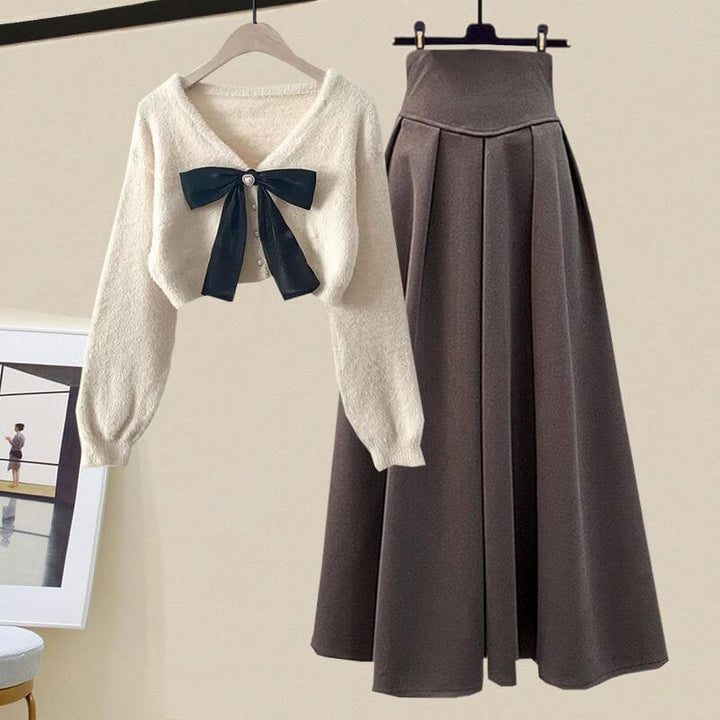Women's Knitted Sweater and Pleated Midi Skirt Set