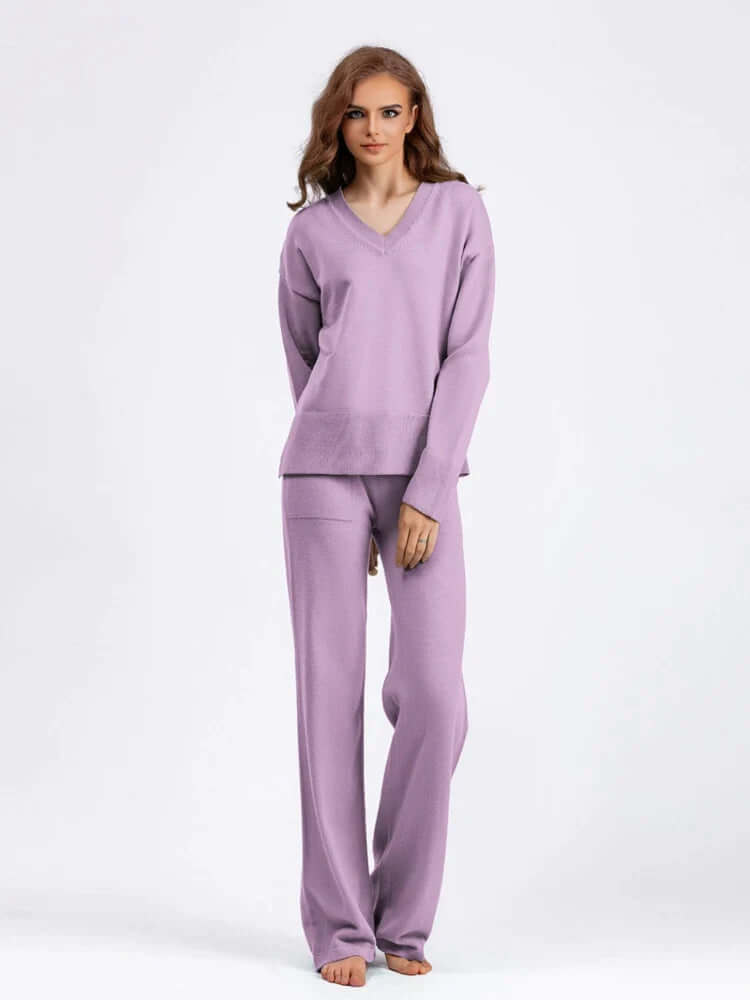 Women's V-Neck Sweater and Wide-Leg Trousers Set