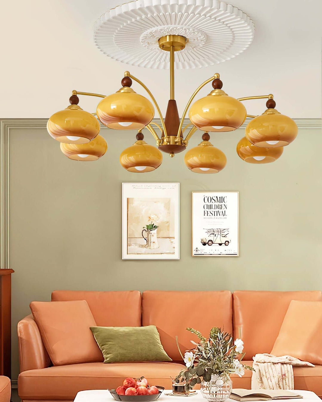Retro Wood & Brass Chandelier