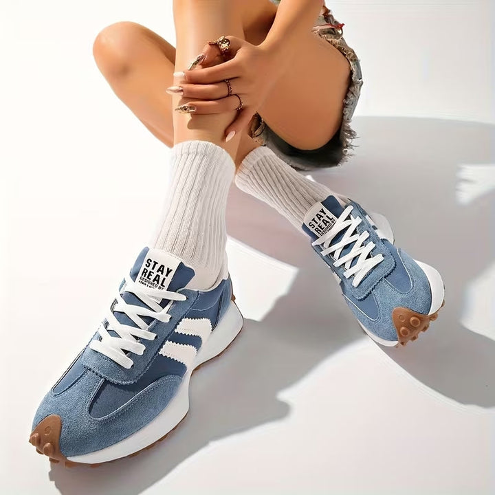 Women's spring fashion platform sneakers, retro chunky style with lace-up closure and orthopedic comfort.