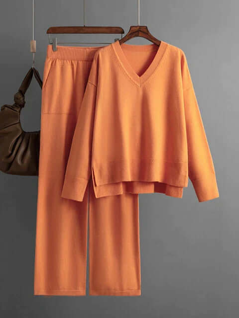 Women's V-Neck Sweater and Wide-Leg Trousers Set
