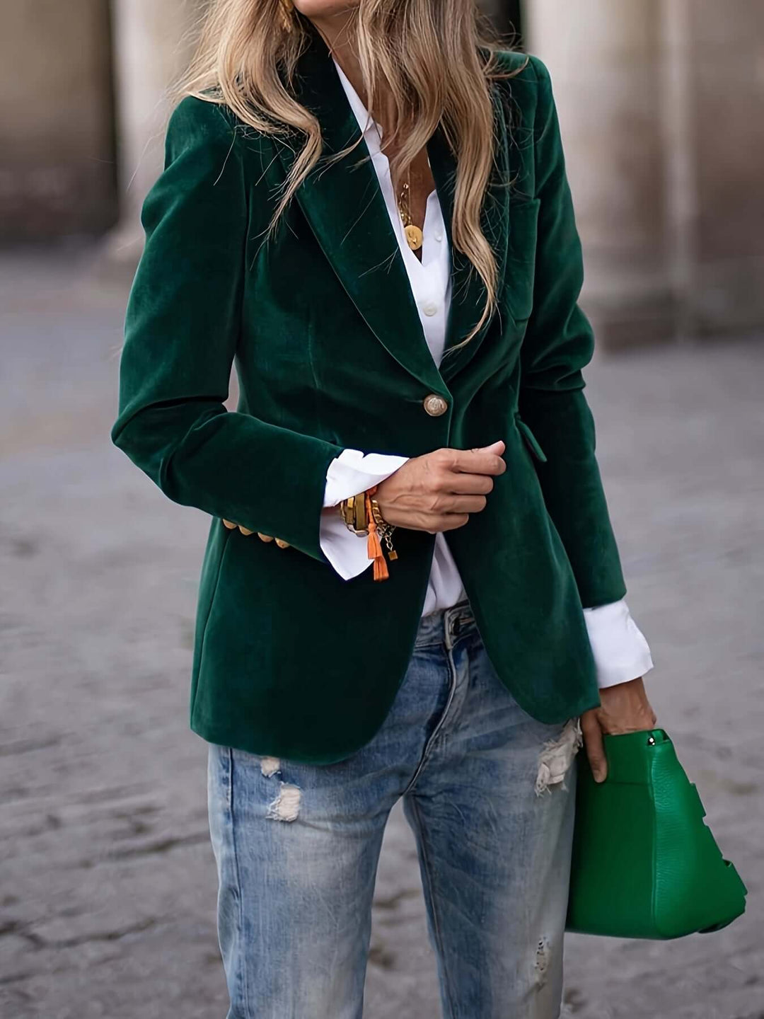 Women's Green Velvet Blazer with Golden Buttons
