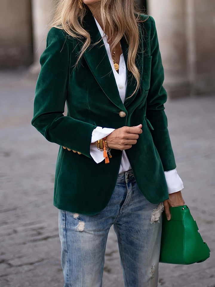 Women's Green Velvet Blazer with Golden Buttons